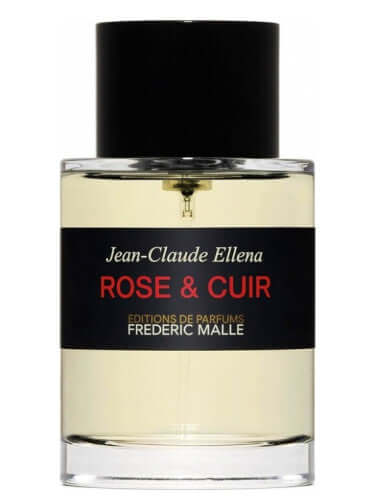 Frédéric Malle Rose & Cuir tester with bold black cap and minimalistic label on clear glass bottle