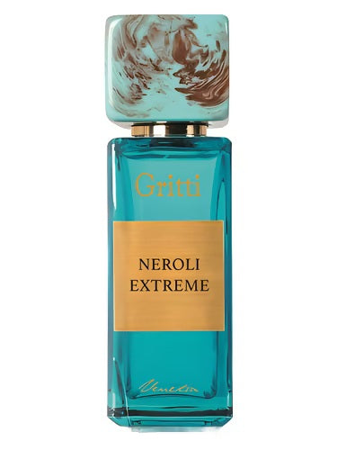 Showcases Gritti Neroli Extreme EDP 100ml with turquoise cap and gold label, featuring luxurious unisex bottle design