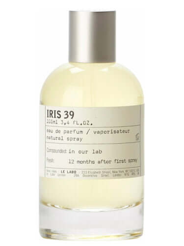 Le Labo Iris 39 fragrance tester in transparent bottle with pale yellow essence and silver cap