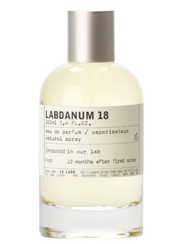 Le Labo Labdanum 18 tester in clear round bottle with soft beige liquid, modern minimalist design