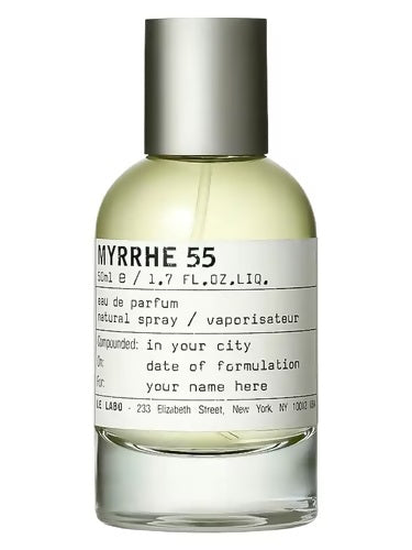Le Labo Myrrhe 55 EDP 100ml bottle – exclusive city edition with custom label, featuring amber liquid and minimalist design