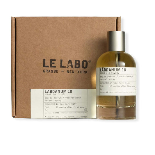Labdanum 18 by Le Labo shown next to eco-style kraft box, authentic fragrance tester display