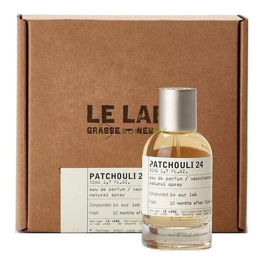 Le Labo Patchouli 24 tester presented with kraft box and full-size fragrance bottle