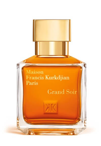 Maison Francis Kurkdjian Grand Soir tester bottle with rich amber liquid and square gold cap on white
