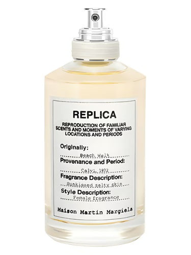 Maison Margiela Replica Beach Walk EDT 100ml bottle with minimalist label design, evoking sunkissed skin and summer beach vibes.