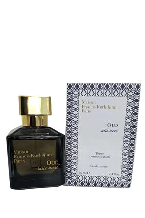 Discounted Maison Francis Kurkdjian Oud Satin Mood Unisex 70ml/2.4oz EDP Tester, fragrance bottle with cap, luxury unisex scent, includes tester box, elegant and sophisticated perfume. Maison Francis Kurkdjian perfumes