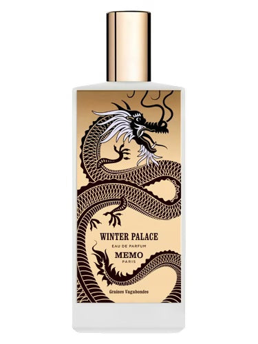 Memo Paris Winter Palace EDP 75ml bottle with gold dragon design on matte glass, part of Graines Vagabondes collection