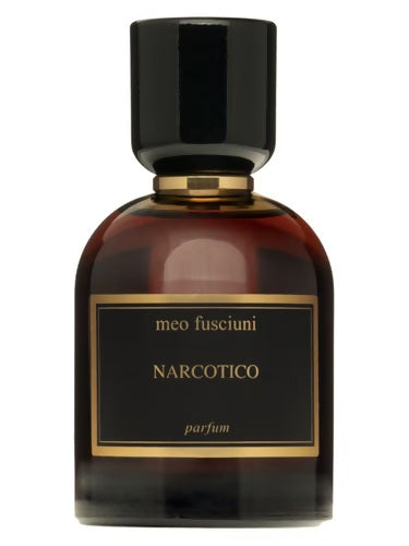 Meo Fusciuni Narcotico Parfum 100ml bottle with black cap and dark amber glass featuring a minimalist black and gold label