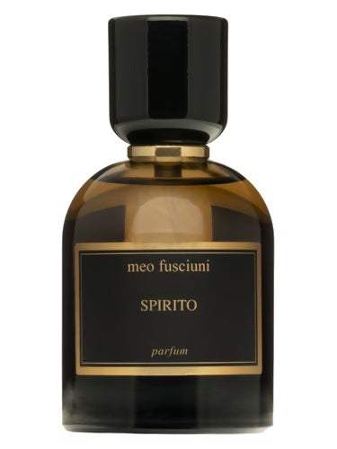 Meo Fusciuni Spirito Parfum 100ml bottle with black cap and amber-brown glass, featuring a minimalist black and gold label