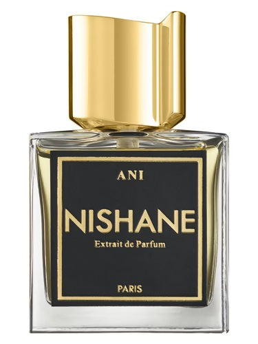 Nishane Ani Extrait de Parfum 100ml bottle with gold asymmetric cap and black label, featuring gold lettering on clear glass