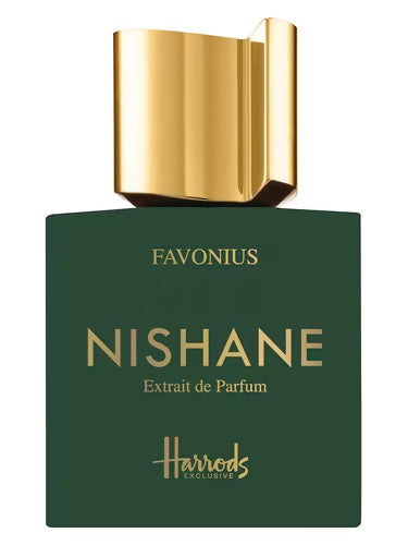 Nishane Favonius Extrait de Parfum 100ml Harrods Exclusive – deep green bottle with gold cap, luxury niche fragrance.