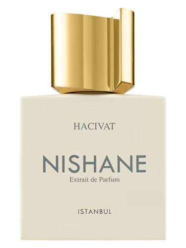  Nishane Hacivat Extrait de Parfum 100ml bottle with white rectangular body, gold cap, and minimalist grey lettering.