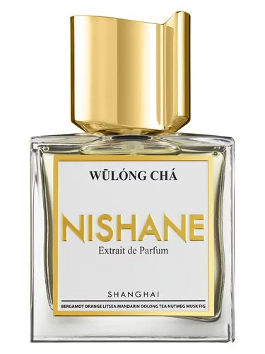 Nishane Wulong Cha Extrait de Parfum 100ml bottle with gold cap and white label, featuring citrus, oolong tea, nutmeg, musk, and fig notes.