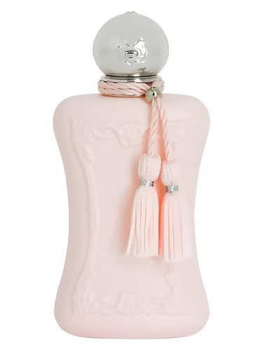 Alt text: Parfums de Marly Delina La Rosée Royal Essence EDP 75ml pink bottle with silver cap and decorative tassels.