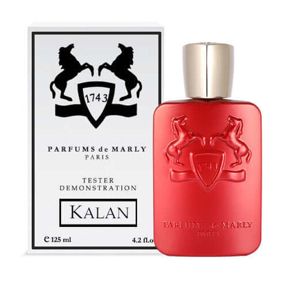 Tester version of Kalan fragrance displayed without cap, revealing sprayer and positioned near branded card