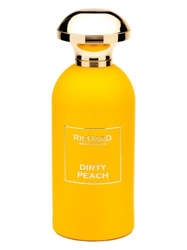 RicHard Dirty Peach Eau de Parfum 100ml bottle in matte yellow with gold cap, luxury niche fragrance.