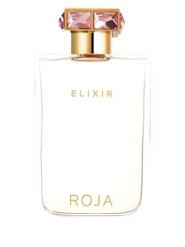 Alt text: Roja Parfums Elixir Pour Femme Essence de Parfum 100ml clear rectangular bottle with gold cap and pink faceted stones.