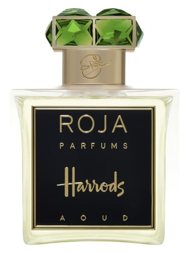 Roja Parfums Harrods Aoud Parfum 100ml bottle—clear square flacon with black label, gold lettering, and green faceted cap.