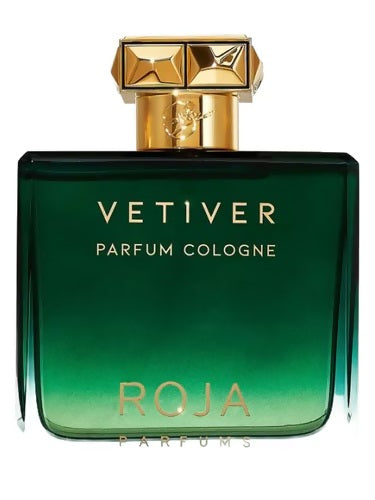Roja Parfums Vetiver Pour Homme Parfum Cologne bottle with green gradient glass and gold cap – luxury men’s fragrance