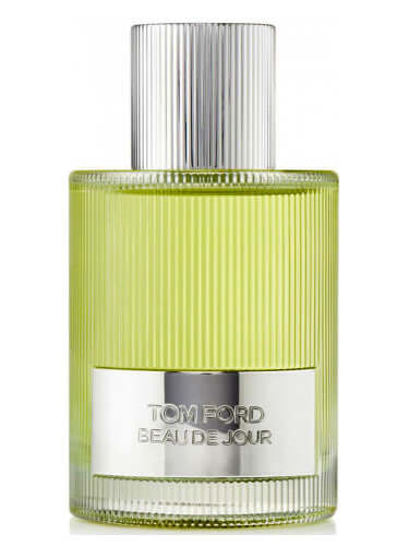 Tom Ford Beau de Jour Men tester bottle with ribbed green glass, silver-tone label, and metallic cap on top