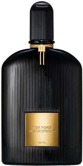 Tom Ford Black Orchid tester bottle with ribbed black surface, gold label, and rounded cap with tassel