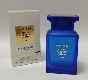 Tom Ford Costa Azzurra in signature blue bottle variant with contrasting white box, tester format display