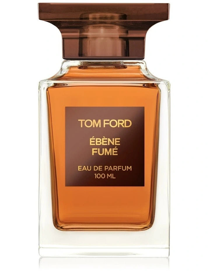 Tom Ford Ébène Fumé tester bottle with rich amber liquid, dark rectangular cap, and gold-accented label