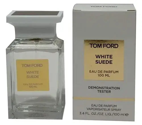 Tom Ford White Suede Women 100ml/3.4oz Tester, showcasing a bottle with cap and tester box, highlighting suede and floral notes. Tom Ford perfumes