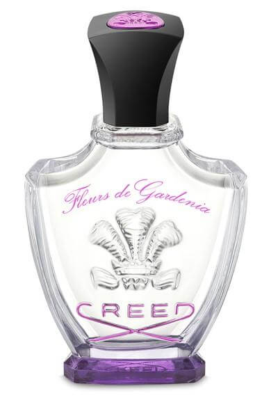 Elegant Creed Fleurs De Gardenia perfume bottle with black cap and purple base, no box included