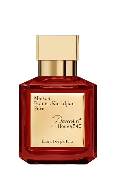 Deep red Baccarat Rouge 540 Extrait bottle featuring gold cap and label