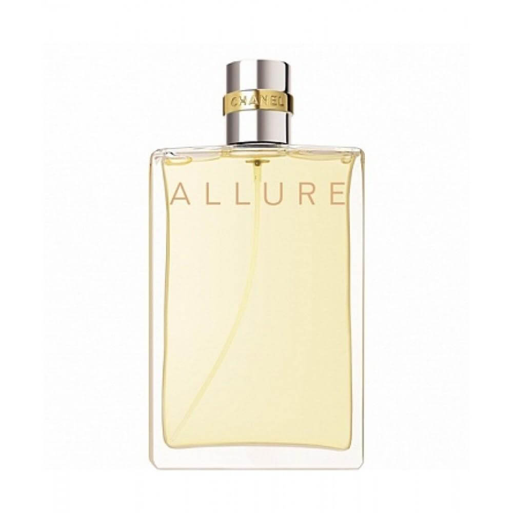 Chanel Allure Women perfume bottle with gold-toned cap and minimalist rectangular design