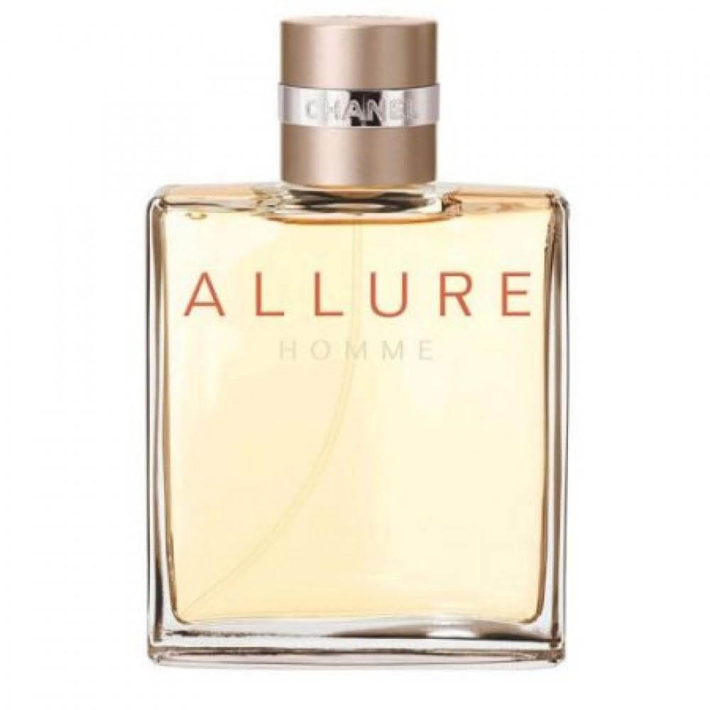 Chanel Allure Pour Homme fragrance bottle with metallic cap and warm amber liquid inside