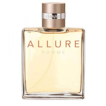 Chanel Allure Pour Homme fragrance bottle with metallic cap and warm amber liquid inside