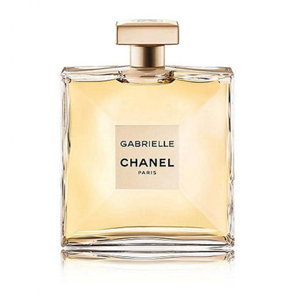 Front view of Chanel Gabrielle fragrance bottle with golden cap, showcased on clean background