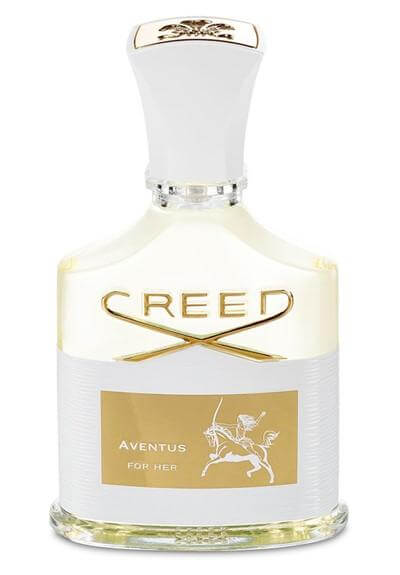 Showcased Creed Aventus for Her bottle with white cap and golden label, photographed front-facing on a white background