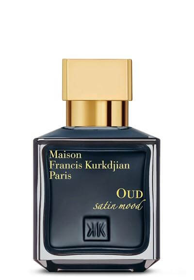 Dark glass bottle of Oud Satin Mood with reflective gold cap and label