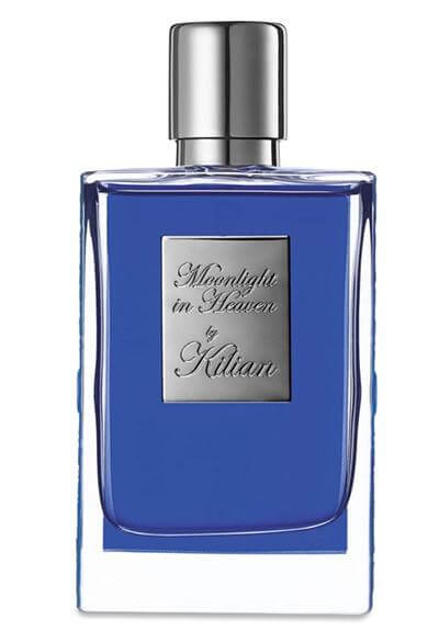 Deep blue Moonlight In Heaven bottle with metallic cap and reflective silver label, standing upright