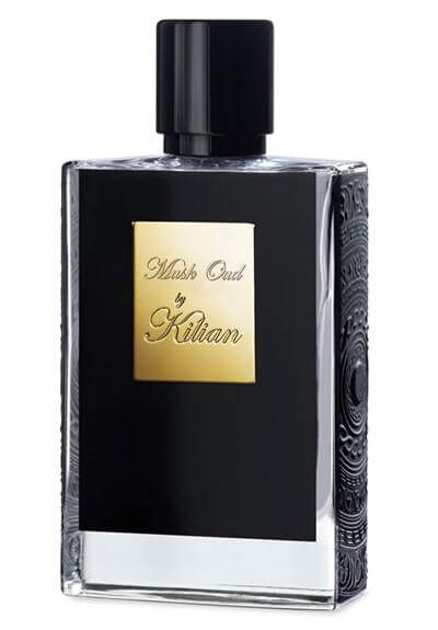 Black rectangular Musk Oud bottle with glossy gold label and matching black cap