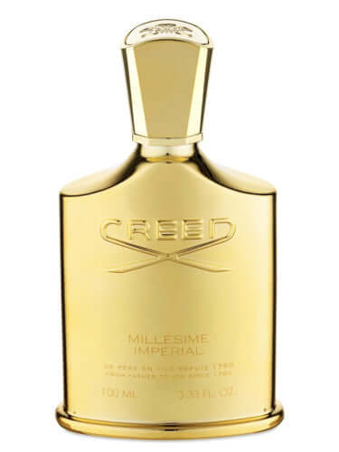 Creed Millesime Imperial gold bottle with cap, front view, elegant reflective finish