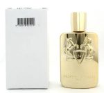 Rear view of Godolphin perfume flacon reflecting light on golden surface with cap visible
